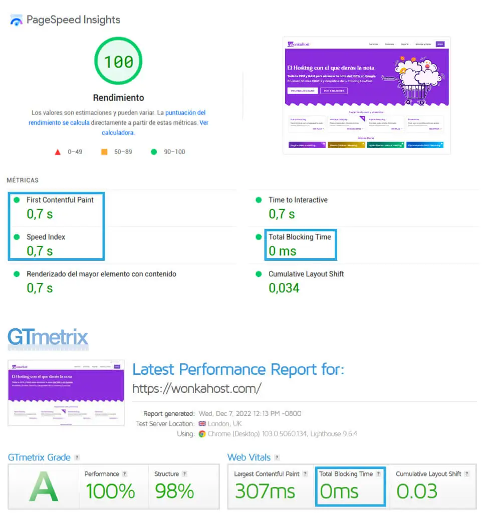 Pruebas de rendimiento de WonkaHost en PageSpeed Insights y GTmetrix